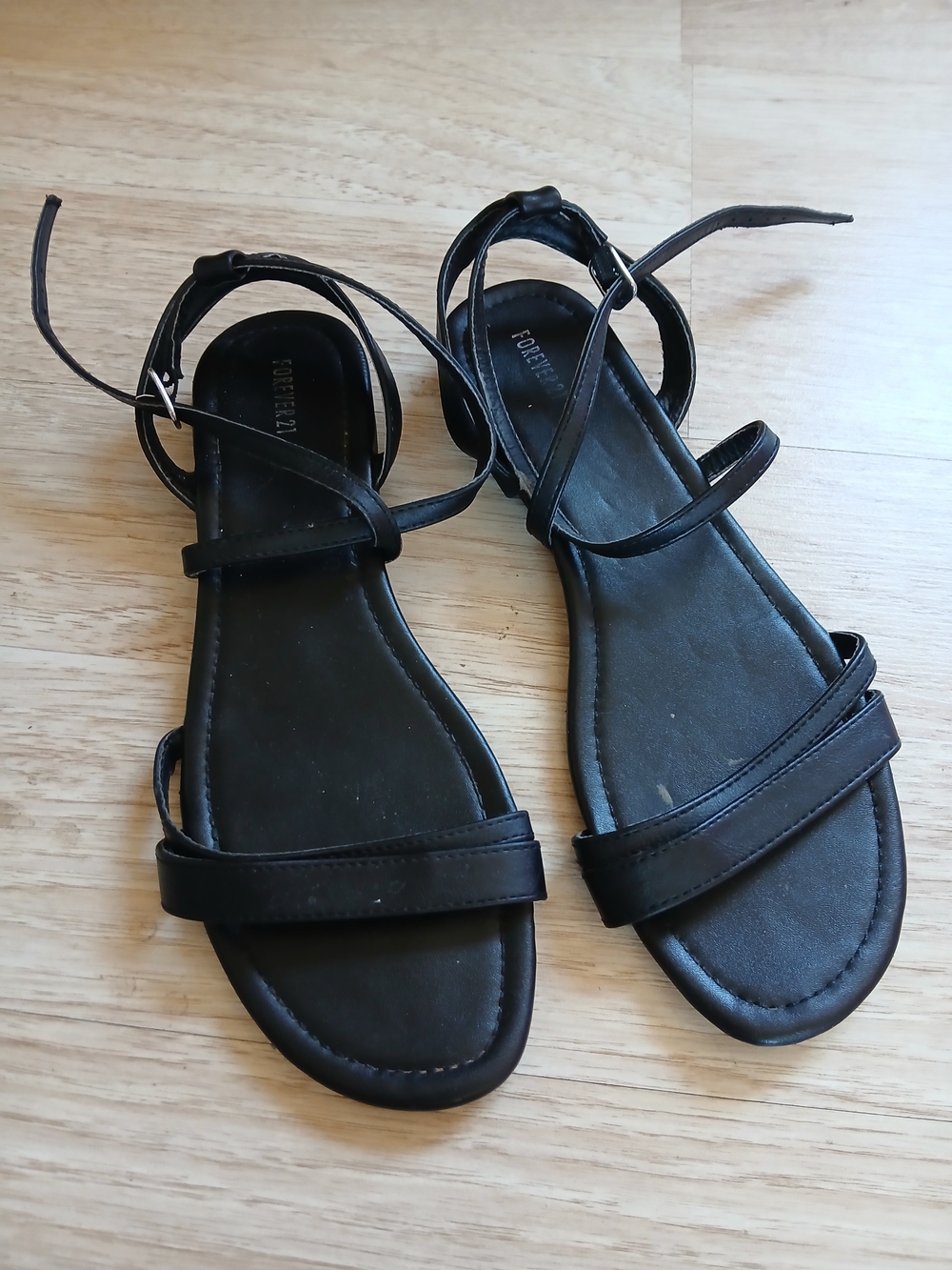 Forever 21 Black Strappy Ankle-Tie Flat Sandals